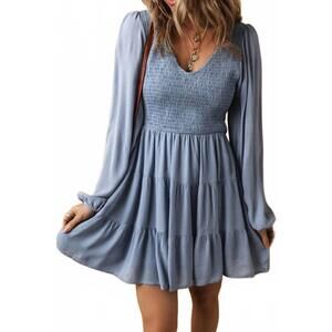 NEW EL KANNA long sleeve v-neck mini dress in ashleigh blue